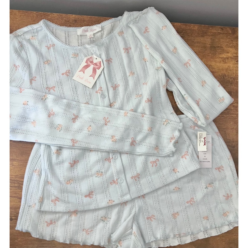 Pink Rose Blue Pointelle Bow Floral Pajama Set NWT Coquette Sleepwear Medium